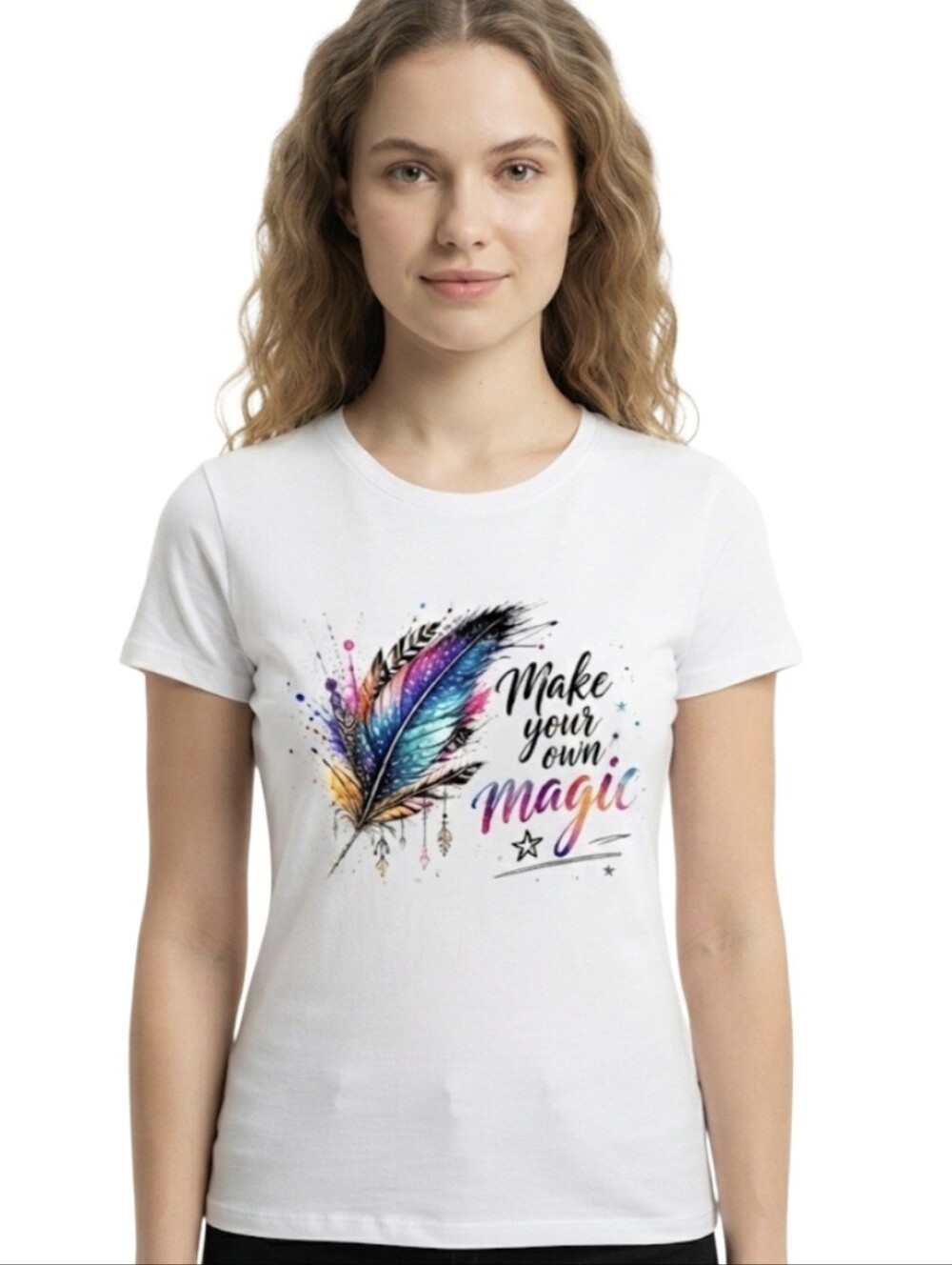 Upcycled Make Your Own Magic Colorful Feather DTF Graphic T-Shirt SizeM Handmade